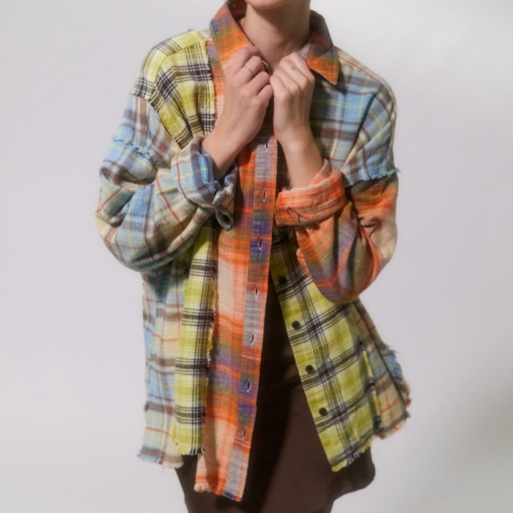 NWT Urban Outfitters BDG Oversized Spliced Plaid Flannel Button down shi…